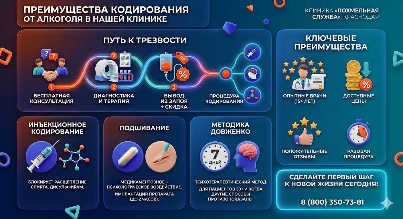 Инфографика о методах кодирования от алкоголя в Удельной: инъекции, подшивание, метод Довженко. Преимущества клиники и этапы лечения.